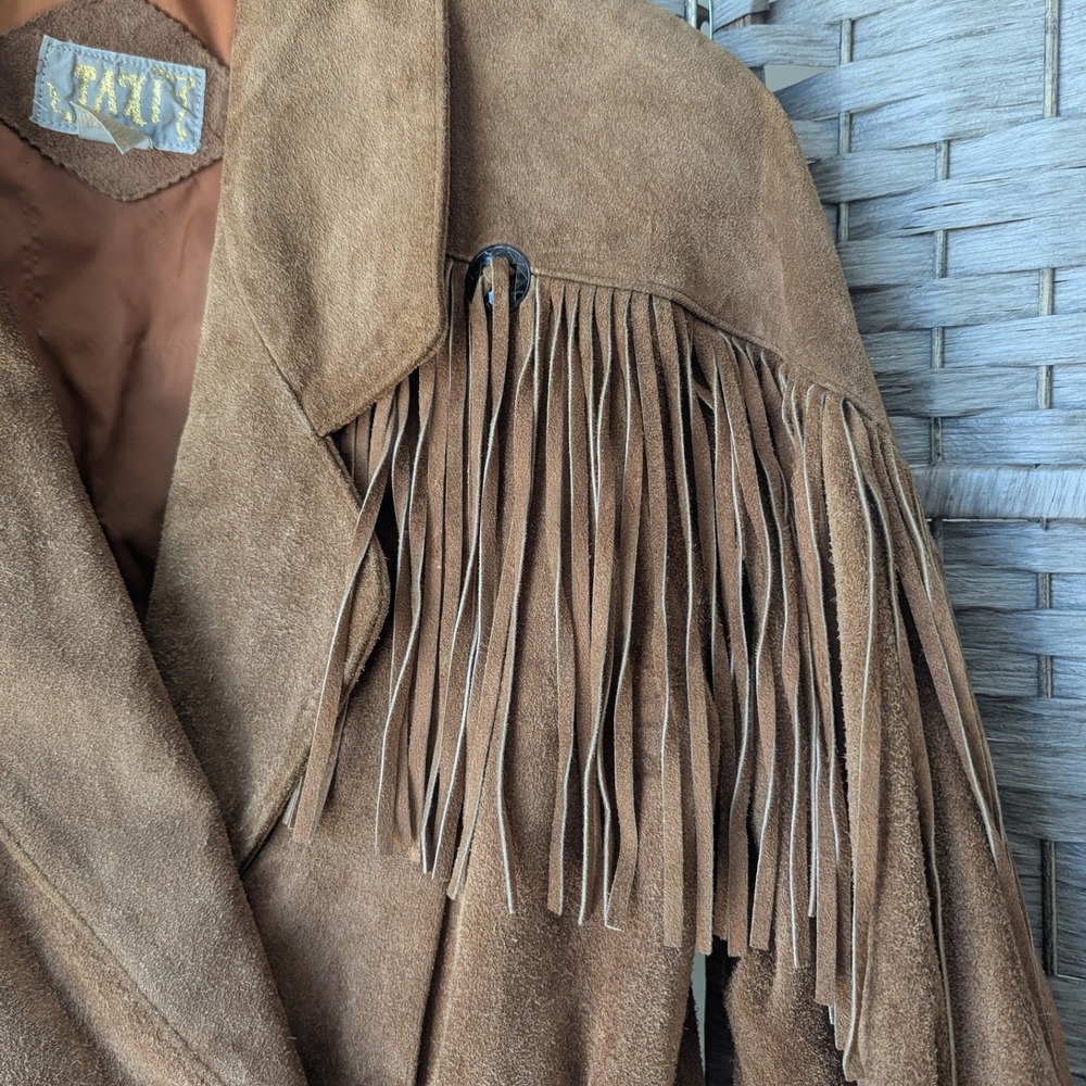 Vtg 80s Taxi Jacket Brown Camel Suede Fringe Western Cropped Womens S Boxy Fit - Picture 2 of 11